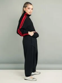 Ximena Robles Ximena Robles جاكيت خفيف الوزن للنساء بتصميم مخطط ومرقع مع أزرار وياقة واقفة، أسود خريفي - الأسود - مشاهدة 6