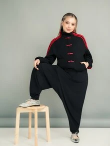 Ximena Robles Ximena Robles جاكيت خفيف الوزن للنساء بتصميم مخطط ومرقع مع أزرار وياقة واقفة، أسود خريفي - الأسود - مشاهدة 5