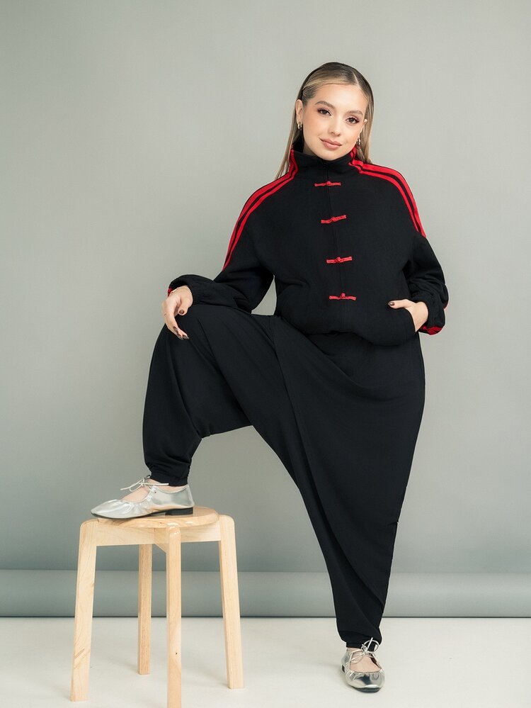 Ximena Robles Ximena Robles 女款休閒條紋拼接鈕扣立領輕便夾克，秋季黑色 - 黑色 - 查看 5
