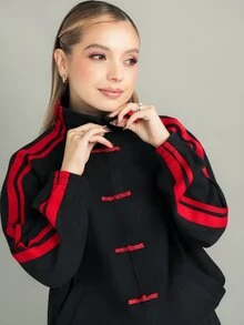 Ximena Robles Ximena Robles جاكيت خفيف الوزن للنساء بتصميم مخطط ومرقع مع أزرار وياقة واقفة، أسود خريفي - الأسود - مشاهدة 3