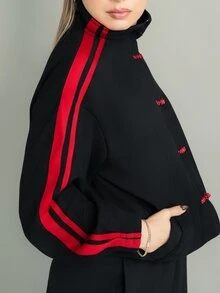 Ximena Robles Ximena Robles جاكيت خفيف الوزن للنساء بتصميم مخطط ومرقع مع أزرار وياقة واقفة، أسود خريفي - الأسود - مشاهدة 4