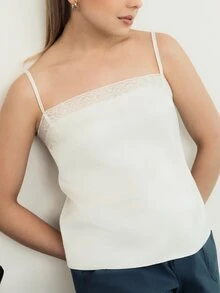 Ximena Robles Ximena Robles Atasan Wanita Model Camisole Satin Putih dengan Hiasan Renda Kontras, Atasan Kasual Musim Panas - Putih - View 3