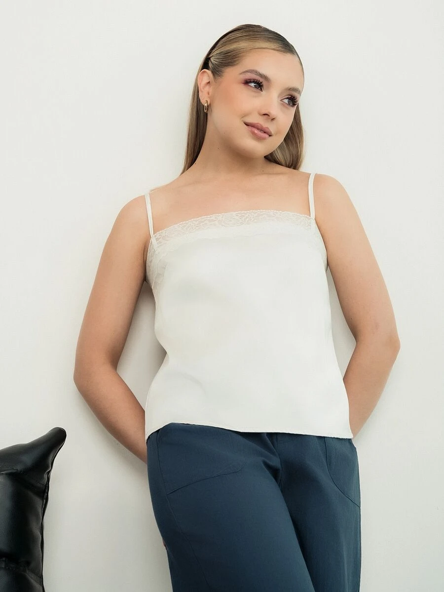 Ximena Robles Ximena Robles Atasan Wanita Model Camisole Satin Putih dengan Hiasan Renda Kontras, Atasan Kasual Musim Panas - Putih - View 1