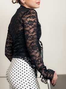 Ximena Robles Ximena Robles Women's Sexy Contrast Lace V-Neck Lace Trim Blouse Black - Black - View 4