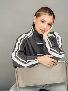 Ximena Robles Ximena Robles 女士休闲灰色条纹针织轻薄外套，秋季款 - 灰色 - 查看 4