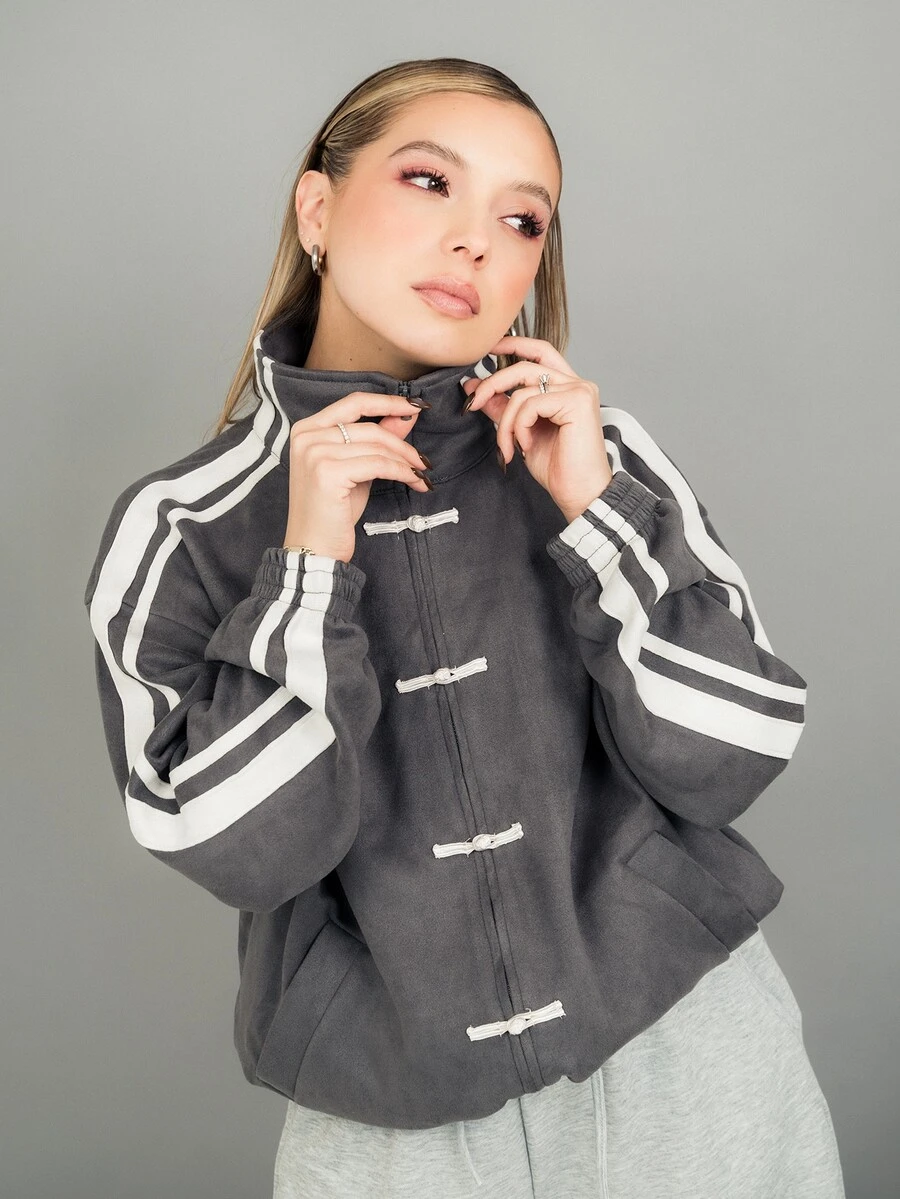 Ximena Robles Ximena Robles 女士休闲灰色条纹针织轻薄外套,秋季款 - 灰色 - 查看 1