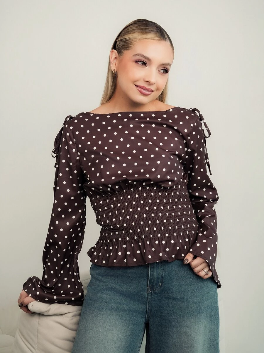Ximena Robles Ximena Robles 新款秋冬法式優雅時尚波點女式襯衫,肩部蝴蝶結、收腰顯瘦、休閒通勤百搭喇叭袖,適合度假 - 咖啡棕 - 查看 1