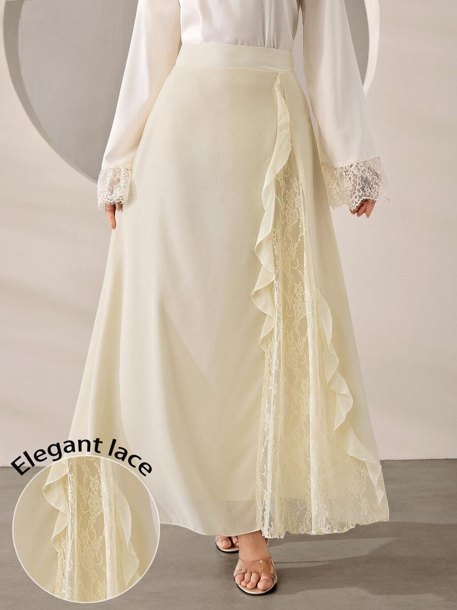 Graceveil Lace Patchwork Chiffon Ruffle High Waist Women's Skirt Wedding Beach White Autumn Romantic Elegant
