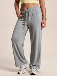 SHEIN Rhythm Era بنطلون رياضي نسائي مقاس كبير بلون موحد مع رباط خصر وقصة فضفاضة - رمادي فاتح - مشاهدة 4