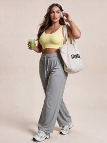 SHEIN Rhythm Era بنطلون رياضي نسائي مقاس كبير بلون موحد مع رباط خصر وقصة فضفاضة - رمادي فاتح - مشاهدة 6
