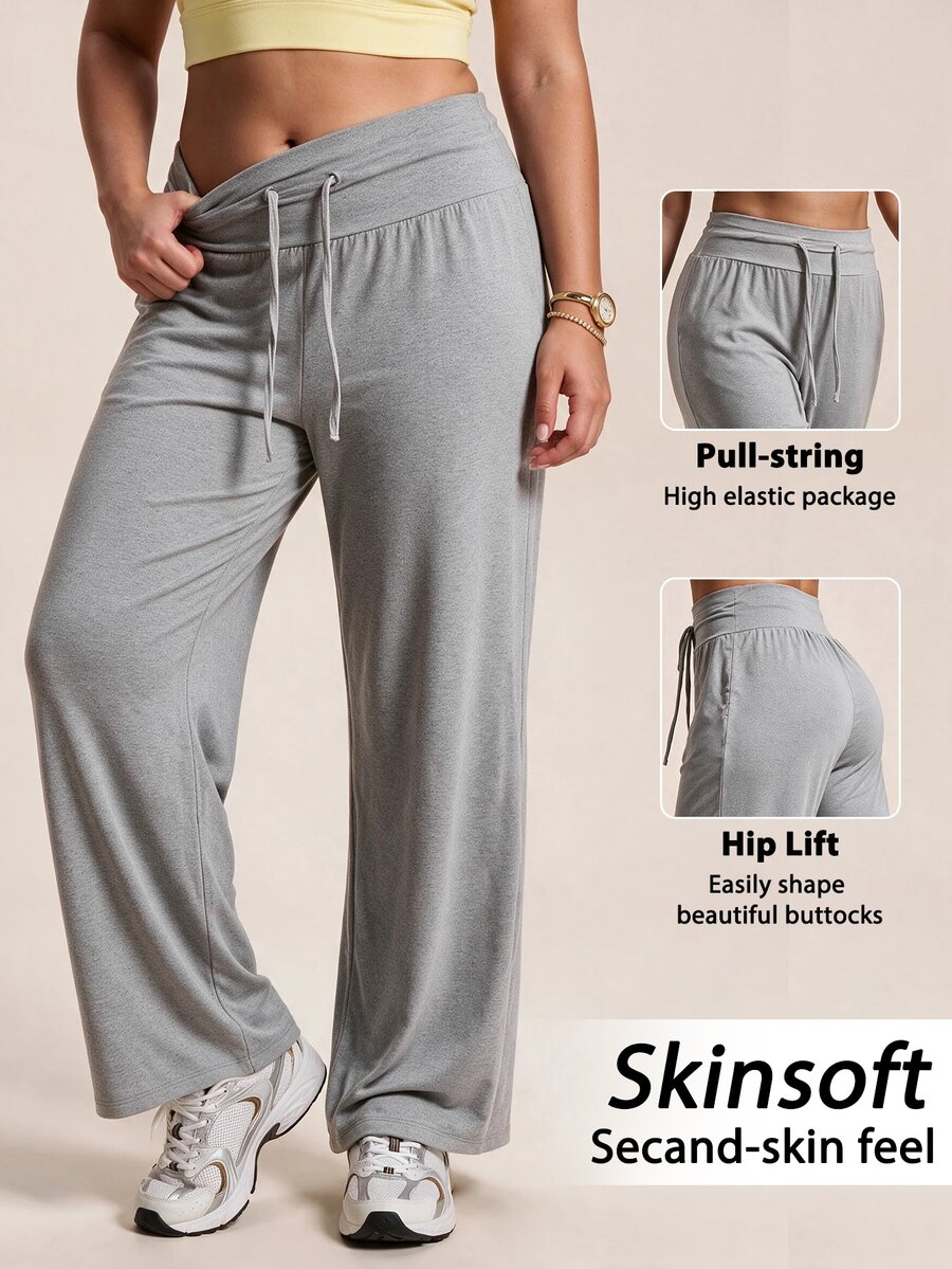 SHEIN Rhythm Era بنطلون رياضي نسائي مقاس كبير بلون موحد مع رباط خصر وقصة فضفاضة - رمادي فاتح - مشاهدة 1