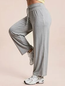 SHEIN Rhythm Era بنطلون رياضي نسائي مقاس كبير بلون موحد مع رباط خصر وقصة فضفاضة - رمادي فاتح - مشاهدة 7