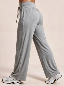 SHEIN Rhythm Era بنطلون رياضي نسائي مقاس كبير بلون موحد مع رباط خصر وقصة فضفاضة - رمادي فاتح - مشاهدة 2