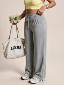 SHEIN Rhythm Era بنطلون رياضي نسائي مقاس كبير بلون موحد مع رباط خصر وقصة فضفاضة - رمادي فاتح - مشاهدة 5