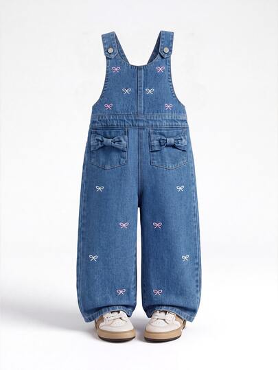SHEIN Young Girl Bow Embroidery Denim Overalls