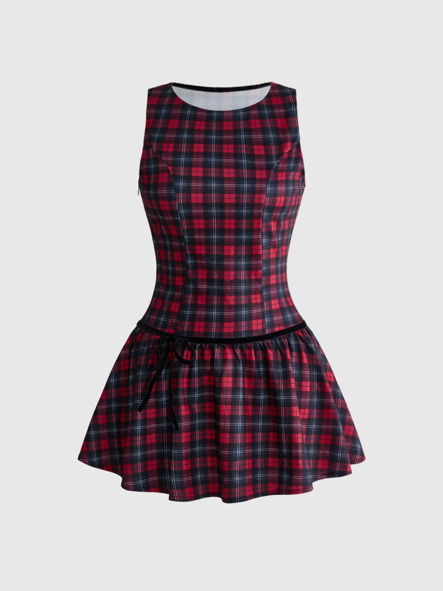 Sweetness Autumn/Winter Sweet Girl Red Plaid Low Waist A-Line Mini Dress For Women - Multicolor - View 1