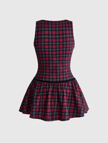 Sweetness Autumn/Winter Sweet Girl Red Plaid Low Waist A-Line Mini Dress For Women - Multicolor - View 2