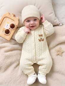 SHEIN Vintaside Kids 新生兒中性嬰兒 0-3歲 淺藍色按扣前開長袖連身衣 可愛藍白條紋 秋季家庭套裝 羅紋 Polo 領休閒秋季穿搭 - 杏色 - 查看 2