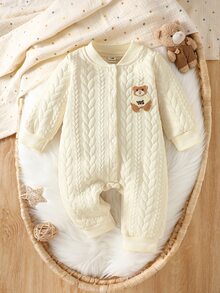 SHEIN Vintaside Kids 新生兒中性嬰兒 0-3歲 淺藍色按扣前開長袖連身衣 可愛藍白條紋 秋季家庭套裝 羅紋 Polo 領休閒秋季穿搭 - 杏色 - 查看 4