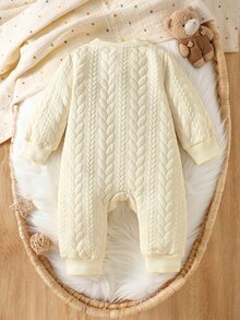 SHEIN Vintaside Kids 新生兒中性嬰兒 0-3歲 淺藍色按扣前開長袖連身衣 可愛藍白條紋 秋季家庭套裝 羅紋 Polo 領休閒秋季穿搭 - 杏色 - 查看 3