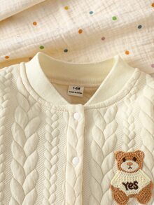 SHEIN Vintaside Kids 新生兒中性嬰兒 0-3歲 淺藍色按扣前開長袖連身衣 可愛藍白條紋 秋季家庭套裝 羅紋 Polo 領休閒秋季穿搭 - 杏色 - 查看 6