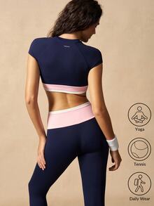 VARSIVA 女款拼色短版上衣與緊身褲休閒日常運動套裝 - 彩色 - 查看 1