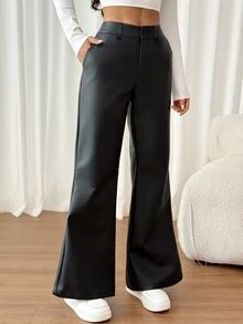 SHEIN PETITE 新款秋冬低腰休閒個性西裝長褲 PU - 黑色 - 查看 5