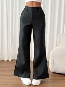 SHEIN PETITE 新款秋冬低腰休閒個性西裝長褲 PU - 黑色 - 查看 4