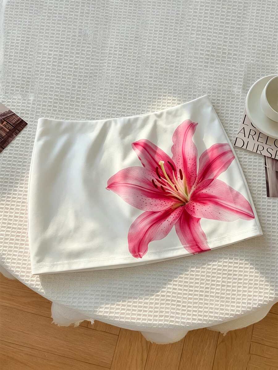 SHEIN Rok Kasual Motif Bunga Putih untuk Anak Perempuan Remaja dengan Legging Terintegrasi - Putih - View 1