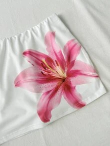 SHEIN Rok Kasual Motif Bunga Putih untuk Anak Perempuan Remaja dengan Legging Terintegrasi - Putih - View 3