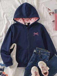 Tween女孩可愛甜美度假休閒百搭花朵蝴蝶結印花雙層連帽前開襟拉鍊口袋寬鬆夾克，秋冬季秋裝 - 藏蓝色 - 查看 4