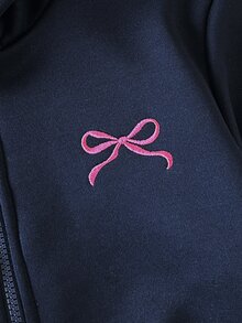 Tween女孩可愛甜美度假休閒百搭花朵蝴蝶結印花雙層連帽前開襟拉鍊口袋寬鬆夾克，秋冬季秋裝 - 藏蓝色 - 查看 5
