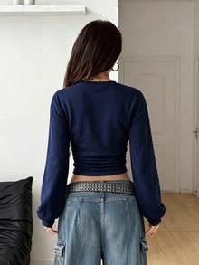 Coolane Women's Fall Basic Going Out Solid Color Pleated Cropped Long Sleeve Crew Neck Blue Sweatshirt - Navy Blue - View 2
