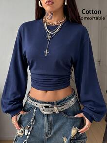 Coolane Women's Fall Basic Going Out Solid Color Pleated Cropped Long Sleeve Crew Neck Blue Sweatshirt - Navy Blue - View 3
