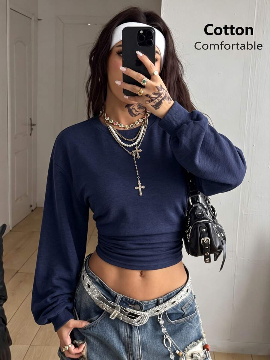 Coolane Women's Fall Basic Going Out Solid Color Pleated Cropped Long Sleeve Crew Neck Blue Sweatshirt - Navy Blue - View 1