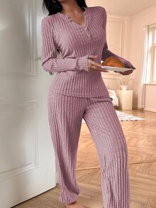 SHEIN Conjunto de pijama informal de mujer con cuello en V acanalado, abotonado y de manga larga - Rosa - Ver 3