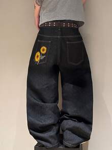 STEELVANCE 街頭風復古時尚百搭做舊水洗刺繡設計寬鬆直筒寬腿休閒牛仔褲（不含腰帶與配件） - 黑色 - 查看 6