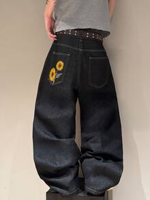 STEELVANCE 街頭風復古時尚百搭做舊水洗刺繡設計寬鬆直筒寬腿休閒牛仔褲（不含腰帶與配件） - 黑色 - 查看 2