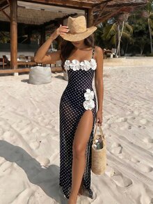 Sunnyshic 春夏女款高端優雅流行熱銷連身波點印花度假海灘泳衣，附防曬網紗裙 - 黑色 - 查看 4