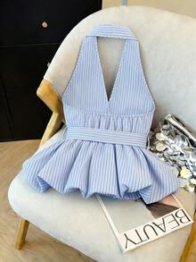 Franclia 女款藍白條紋裹身式細肩帶上衣，附蝴蝶結，夏季優雅度假風無袖襯衫，希臘度假穿搭 - 彩色 - 查看 2