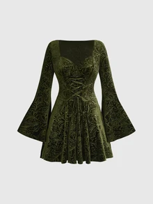Sweetness Vintage Court Style Velvet Cinched Waist Adjustable Hem Length Long Dress For Women - Burgundy - View 1