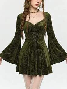 Sweetness Vintage Court Style Velvet Cinched Waist Adjustable Hem Length Long Dress For Women - Burgundy - View 5