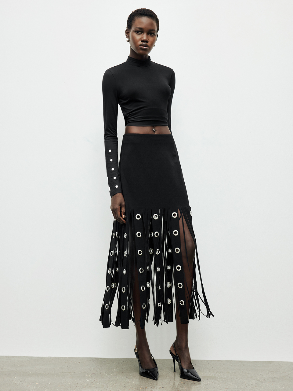 SHEIN Maija Women's Patchwork Eyelet Tassel Hem Fashion Skirt