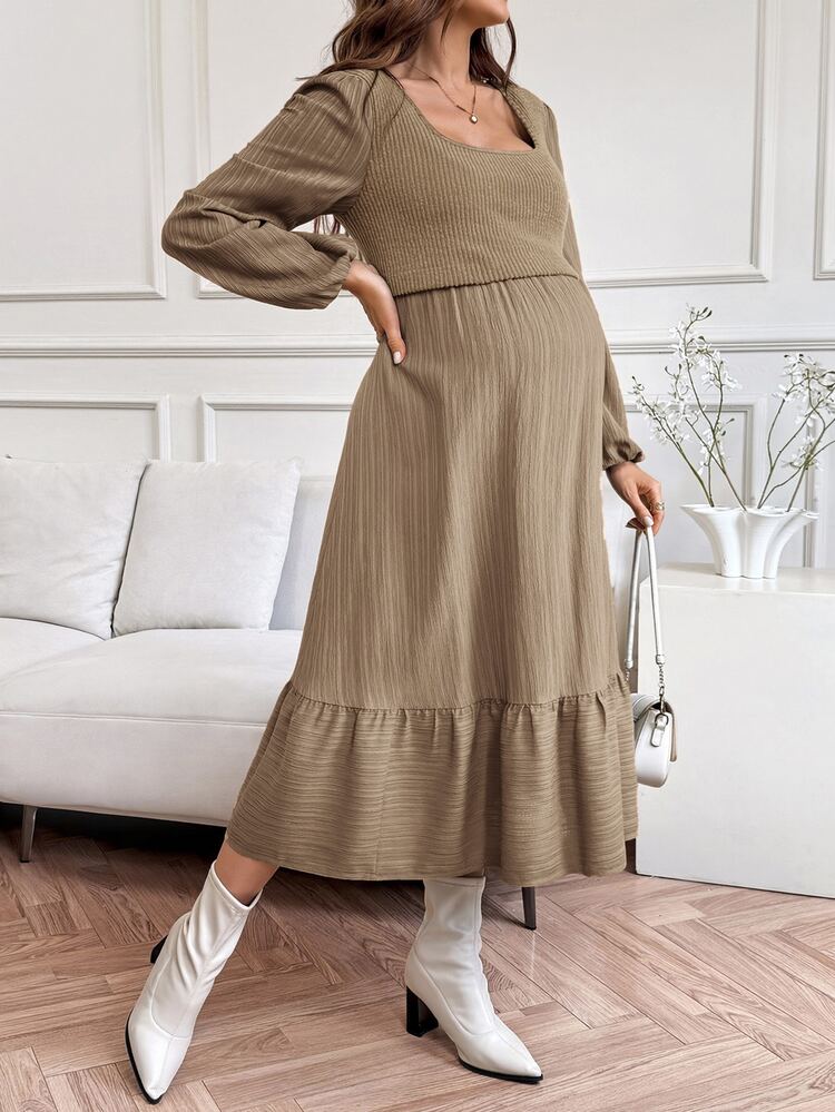 SHEIN Maternity Solid Color Square Neck Lantern Sleeve Ribbed Casual Nursing Dress - Pink - View 4