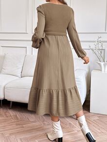 SHEIN Maternity Solid Color Square Neck Lantern Sleeve Ribbed Casual Nursing Dress - Pink - View 2