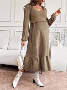 SHEIN Maternity Solid Color Square Neck Lantern Sleeve Ribbed Casual Nursing Dress - Pink - View 5