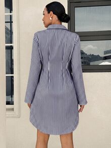 MaterniWear 孕婦條紋捲袖騎士圖案單排扣休閒襯衫洋裝 - 寶藍色 - 查看 5