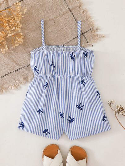 Cozy Pixies Macacão Casual de Verão Listrado Azul e Branco com Laço para Bebê Menina