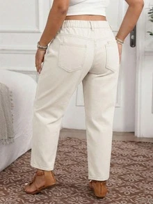 EMERY ROSE Jeans de Mezclilla Casuales y Versátiles para Mujer Talla Grande para Uso Diario y Viajes con Bolsillos y Botones - Caqui - Ver 2