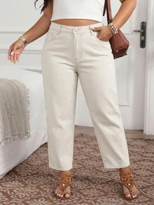 EMERY ROSE Jeans de Mezclilla Casuales y Versátiles para Mujer Talla Grande para Uso Diario y Viajes con Bolsillos y Botones - Caqui - Ver 7